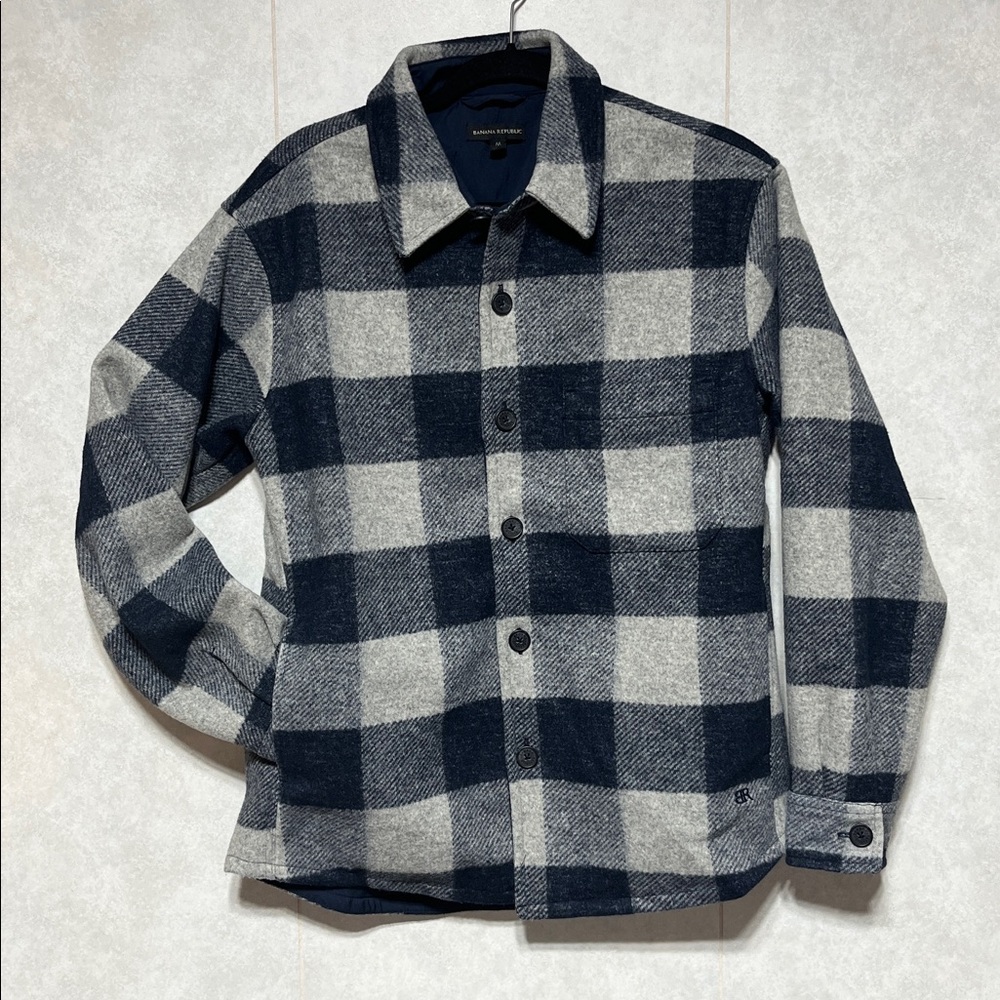 Banana Republic Men's Blue and Gray Plaid Jacket medium